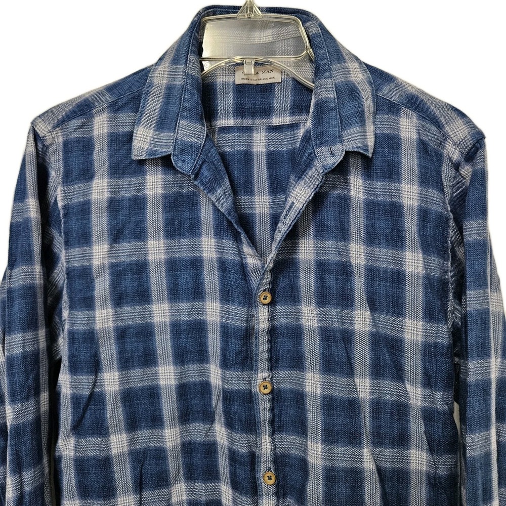 Zara Man Button‎ Down Shirt Mens L Blue White Plaid Long Sleeve Casual Textured